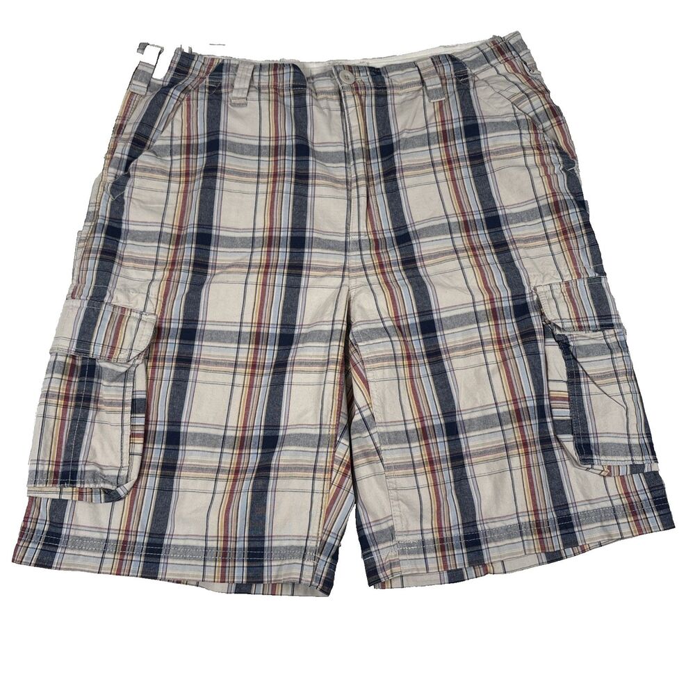 Ruff Hewn Cargo Shorts Mens 34 X 11 Brown Plaid Preppy Utility Outdoor Street